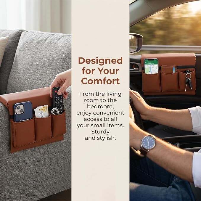 Car Window Armrest Storage Box: Leather Window Side Bag Organizer with Cushion Pocket Universal Front Car Door Armrest Pad Accessory for Vehicle Truck Console Elbow Support Brown