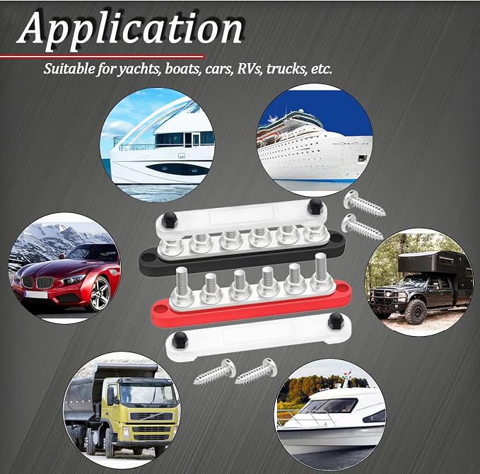 250A Bus Bar 12V Marine 6 x 5/16" (M8) Terminal Studs 12V-48V Power Distribution Block with Cover,with 6PCS Battery Lugs and 6PCS Heat Shrink Tubing Busbar for Boat Automotive Car