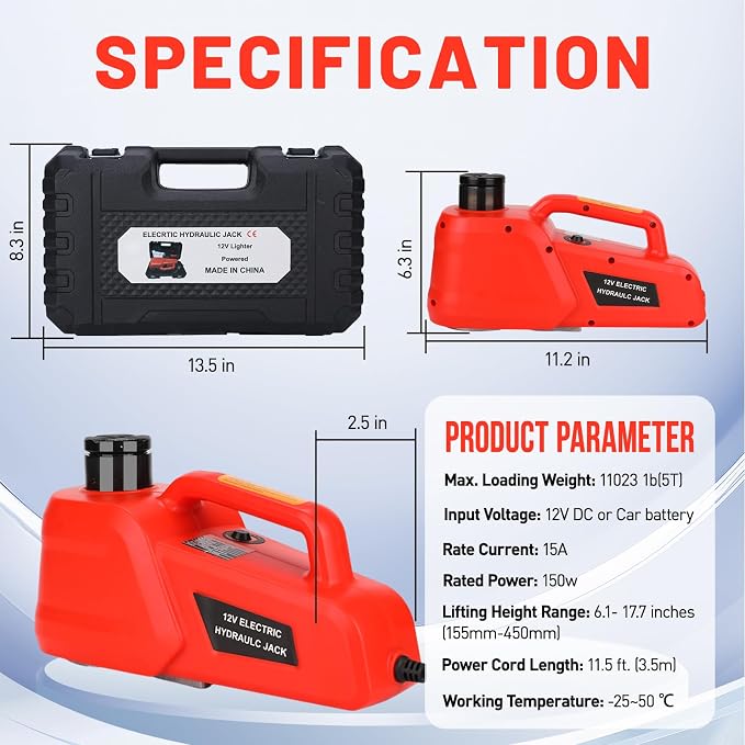 Electric Hydraulic Car Jack Kit 5 Ton 12V Ultra-Portable Auto Car Lift with 17.7 Inch Range for SUV Sedan Truck Repair Floor Jack for Tire Change Lightweight for Easy Storage