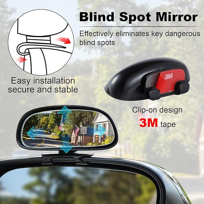 Blind Spot Mirror, HD Glass Frameless Convex Rear View Mirrors Exterior Accessories with Wide Angle Adjustable Stick for Car SUV and Trucks, Black