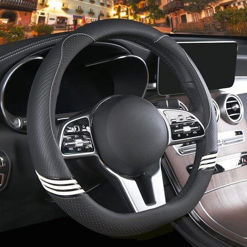14 inch Cute D Shaped Steering Wheel Cover for Women Men Faux Leather and Carbon Fiber,Black