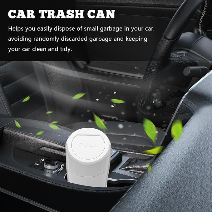 Car Trash Can Bin with Lid, Mini Vehicle Cup Holder Organizer Leakproof Garbage Bin, Waterproof Cup Type Trash Can Multi-Function Storage Container for RV Home Office (White)