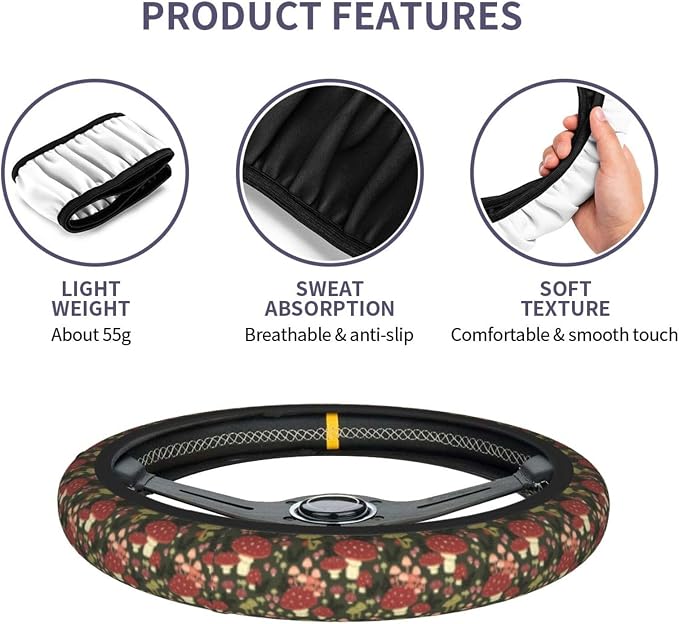 Mushroom Steering Wheel Cover Anti-Slip and Practical 14.5-15 Inch Universal Steering Wheel Cover with 2 Pieces Car Coasters Suitable for Men Women