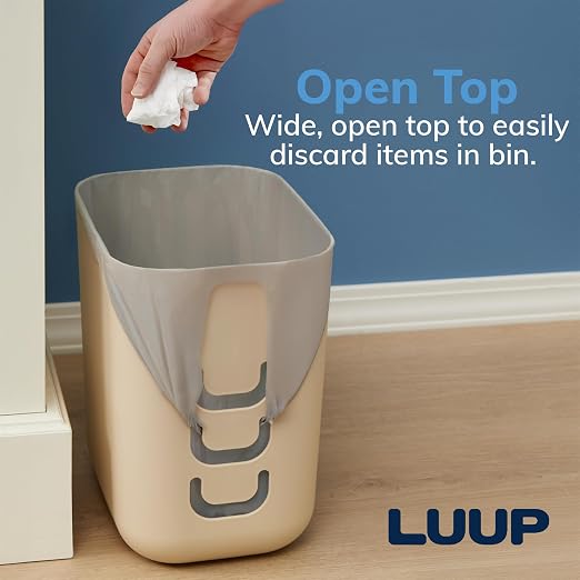 Luup Bathroom Wastebasket, Secure Grocery Bags, Plastic Garbage Container for Vanity, Laundry Room, Kitchen, Office, 2.5 Gallon, Beige, Made in USA