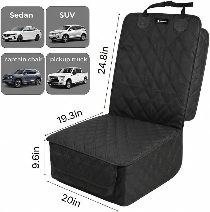 Waterproof Front Seat Dog Cover for Car SUV Truck, with Side Flaps, Black | Odorless Material, for Bucket Seat/Captain Chair, Full Protection