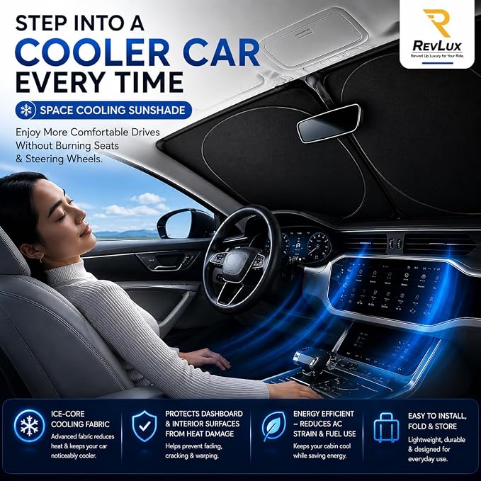 [2026 Upgrade] RevLux Car Windshield Sun Shade | Keeps Car Cooler, Sun & Heat Protection | Double Thickened Ice-Core Cooling Fabric | Foldable Sunshade for Tesla Model 3/Y (55"x35")