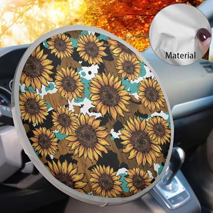 Sunflower Steering Wheel Sun Shade Cover Cooling Steering Wheel Sun Block Anti-Heat Aluminum Foil Steering Wheel Cover Steering Wheel for SUV Truck Van
