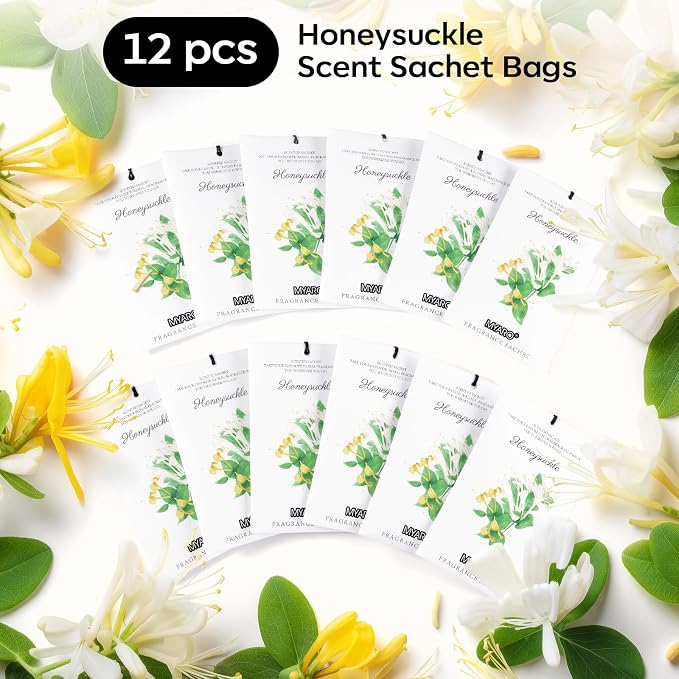 12 Packs Honeysuckle Scented Sachets for Drawer and Closet, Long Lasting Air Freshener Fresh Scents Potpourri Bags Home Fragrance for Room Car Small Space