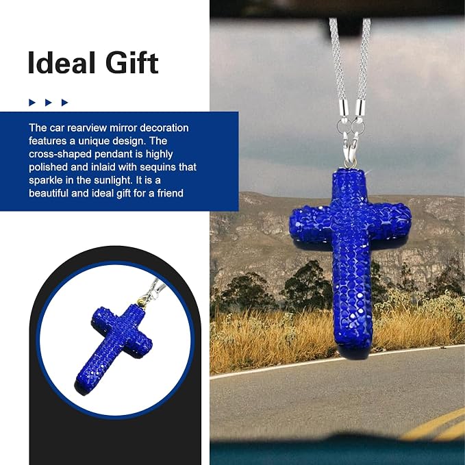 Bling Cross Car Hanging Accessories, Crystal Rhinestone Rear View Mirror Pendant, Religious Rearview Mirrors Decoration Charm, Car Hanging Ornament, Automotive Interior Accessories (Dark Blue)
