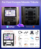 4G+64G Android 15 Car Stereo for Ford Escape/Kuga/Mazda Tribute 2007-2012, 9" IPS Touchscreen Radio with Wireless Carplay Android Auto GPS/32 EQ/Bluetooth 5.0/5Ghz WiFi/AHD Backup Camera/SWC
