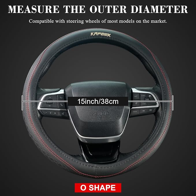 15 inch Steering Wheel Cover, Breathable Perforated Microfiber Leather, Sporty Diamond Texture, Anti-Slip Red Stitching Car Steering Wheel Protector, Universal Fit for Cars SUVs Trucks, Black