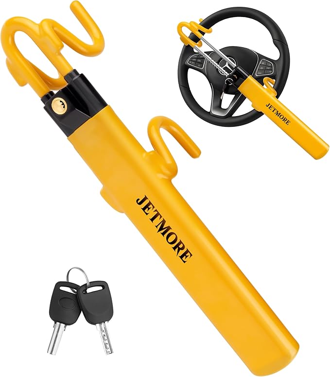 Steering Wheel Lock Adjustable Car Anti Theft Device Reinforced Steel Lock with Double Hook Design Car Locks with Keys Heavy Duty Lock for Cars Trucks SUVs Car Accessories Wheel Lock