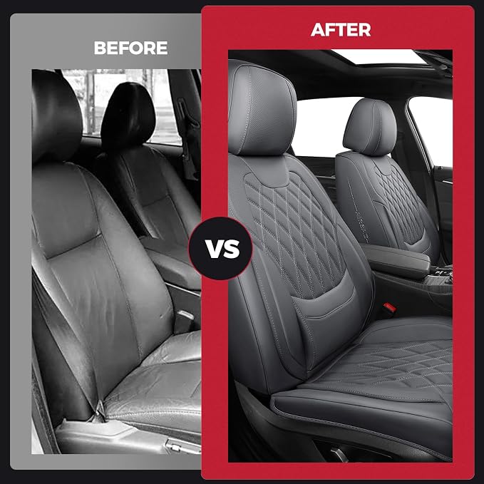 Front Car Seat Covers - Luxury Breathable Waterproof Faux Leather Car Seat Cushion Protectors with Lumbar Support, Universal Fit for Most 5 Seats Vehicles, Sedans, Hatchbacks, and Trucks, Gray