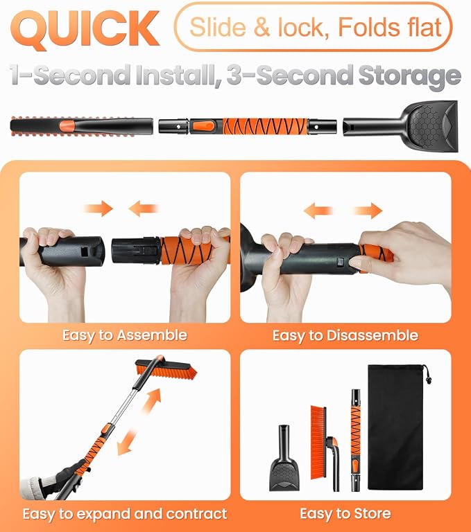 2025 Upgrade Extendable 3-in-1 Car Snow Brush and Ice Scraper [45" Extendable Handle] with 360° Rotating Brush Head for Car Windshield Clear Snow, Ice and Frost, for All Cars/Truck/SUV