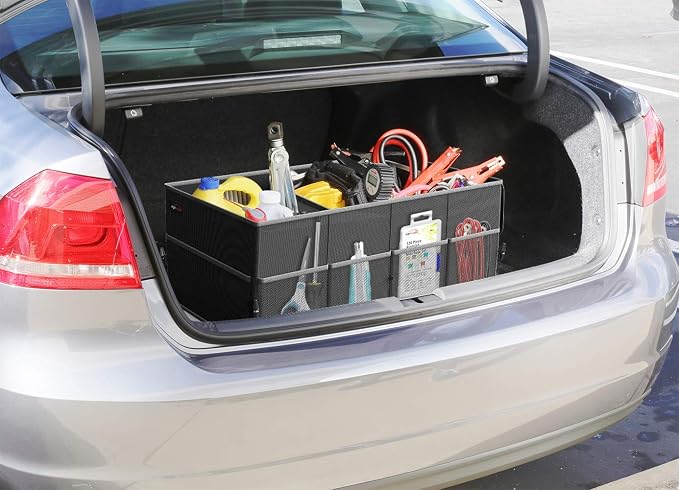 Foldable Car Trunk Organizer for SUV, 3-Compartment, Black | with Removable Divider, Side Pockets and Securing Straps