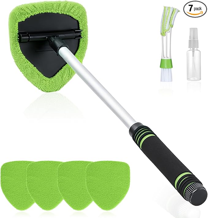 7 PCS Windshield Cleaning Tool, 19" Windshield Cleaner Kit with Extendable Handle, Microfiber Towel Pads, Brush, Empty Spray Bottle for Auto Glass Interior (Green)
