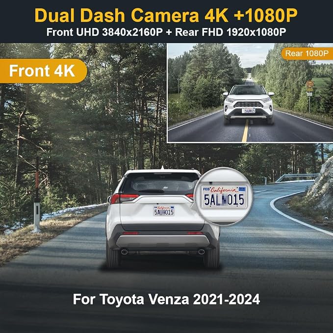 Dual 2160P+1080P Dash Cam Adapts for Toyota RAV4 2019-2021 (Model A, No Vents) & Prime Plug-in Hybrid, OEM Style, 2 Way HD Video, WiFi & APP, Loop Recording, G-Sensor, Easy to Use, 128GB Card