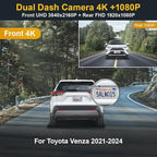 Dual 2160P+1080P Dash Cam Adapts for Toyota RAV4 2019-2021 (Model A, No Vents) & Prime Plug-in Hybrid, OEM Style, 2 Way HD Video, WiFi & APP, Loop Recording, G-Sensor, Easy to Use, 128GB Card