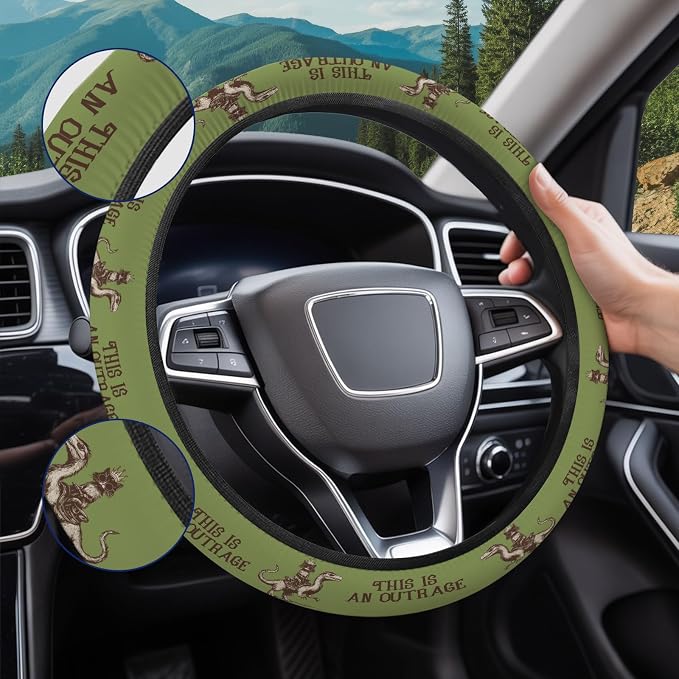 Olive Green Cat Quote Steering Wheel Cover, Polyester Car Wheel Grip, Universal 15 Inch for Cars SUVs Trucks