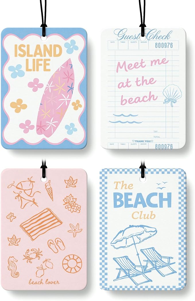 Summer Coastal Beach Car Air Freshener 4 Pcs Coconut Scented, Cute Nautical Car Accessories Mirror Decor for Women, Girly Beachy Hanging Air Freshener for Cars Closet Drawer Books