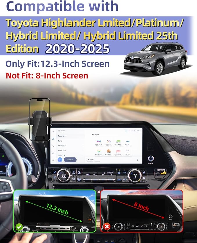 PZK Car Phone Holder for 2020-2026 Toyota Highlander 12.3-inch Screen Only | Auto Lock Car Phone Mount for Highlander Accessories Hybrid Lmited /Platinum Hands free 360° Rotation (Not Fit 8-Inch)