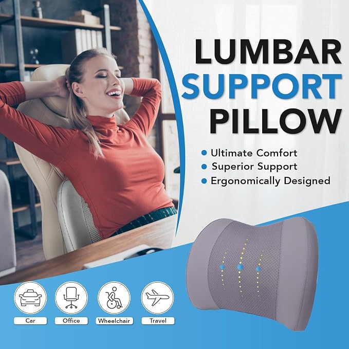 Lumbar Support Pillow for Car, Car Seat Back Support for Driving | Memory Foam Car Lumbar Support for Driving Seat, Car Back Cushion, Adjustable Straps, Lower Back Pillow, Office Chairs, Gray