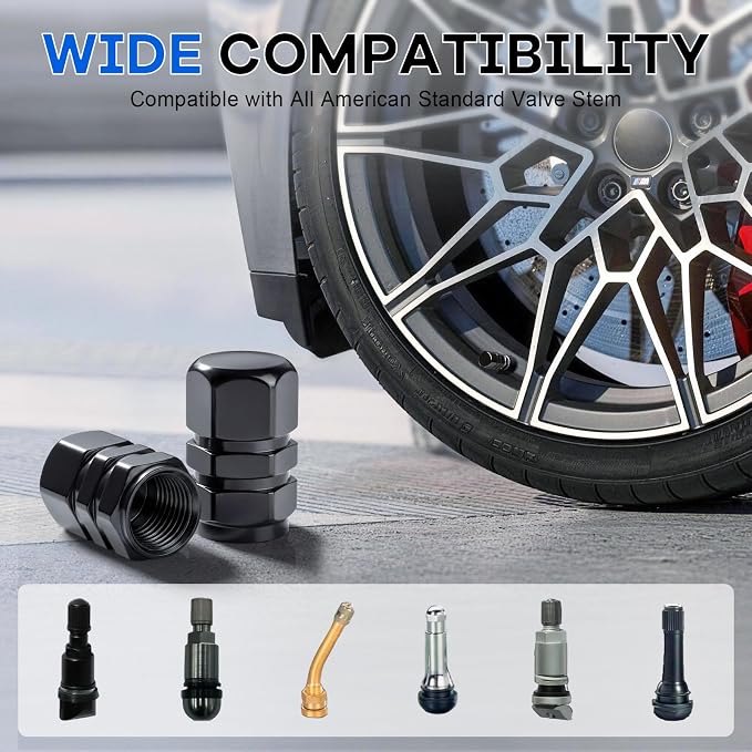 Car Tire Valve Stem Caps, 12pcs Air Caps Cover, Universal for Cars, SUVs, Bike, Trucks and Motorcycles-Black