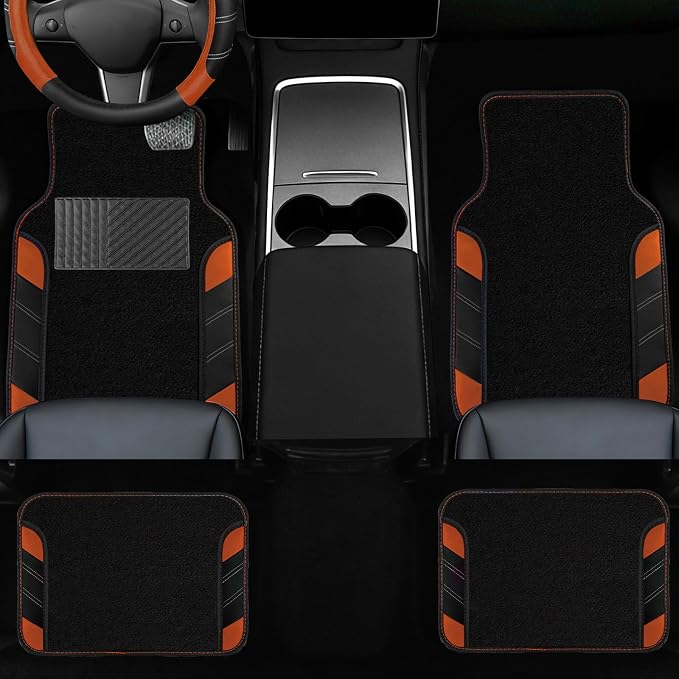 10 Pcs Car Floor Mats Full Set & Sport Leather Steering Wheel Cover 14.5-15 inch, Center Console Cover, Seat Belt Cushion, Cup Holder Coaster, Universal Automobile Interior Sets (Brown)