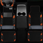 10 Pcs Car Floor Mats Full Set & Sport Leather Steering Wheel Cover 14.5-15 inch, Center Console Cover, Seat Belt Cushion, Cup Holder Coaster, Universal Automobile Interior Sets (Brown)