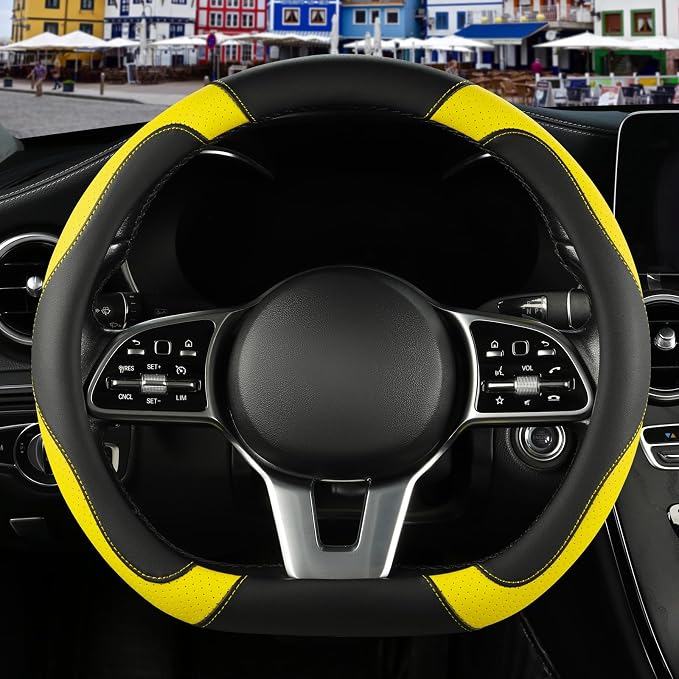 Black Yellow Microfiber Leather D Shaped Steering Wheel Cover | Breathable Anti Slip Grip Cool Sporty Look Glow for Women Men