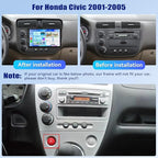 【8 Core 6+128G】 Android 15 Car Stereo for Honda Civic 2001-2005 Wireless CarPlay Android Auto 9” IPS Touch Screen Unit with Bluetooth5.0 32-EQ DSP GPS WiFi 59-UIs AHD Rear Camera Three Split Screen