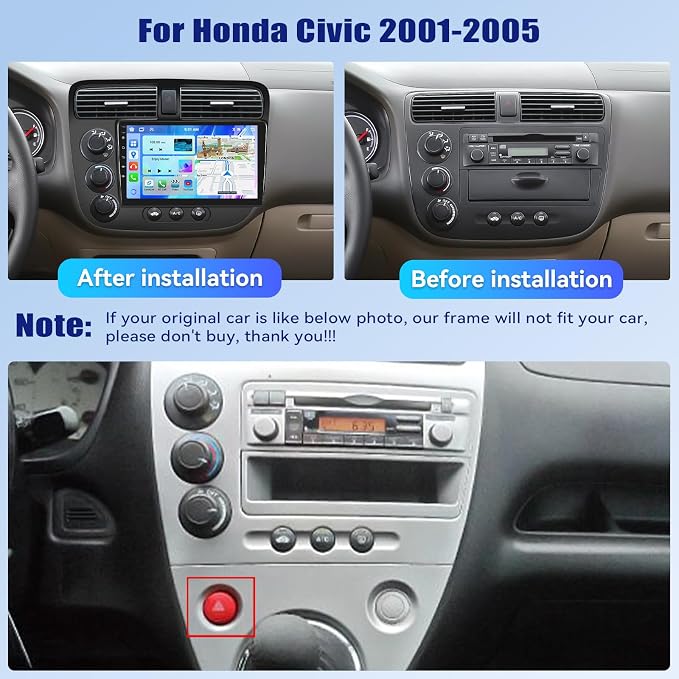 【8 Core 6+128G】 Android 15 Car Stereo for Honda Civic 2001-2005 Wireless CarPlay Android Auto 9” IPS Touch Screen Unit with Bluetooth5.0 32-EQ DSP GPS WiFi 59-UIs AHD Rear Camera Three Split Screen