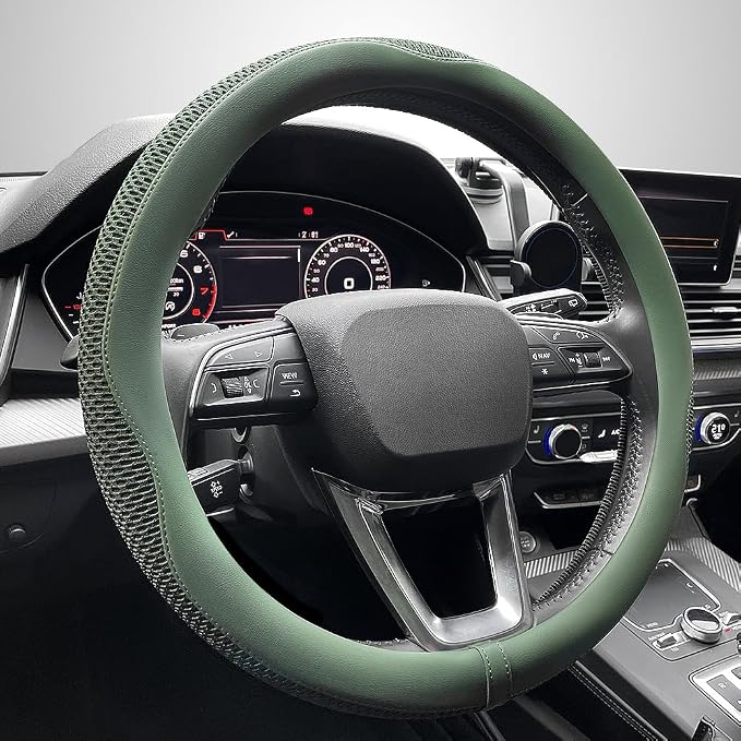 Car Steering Wheel Cover, Universal 15 inch, the Latest Microfiber Leather Breathable Technology Fabric, Non-Slip, Comfortable, Warm in Winter and Cool in Summer, Green