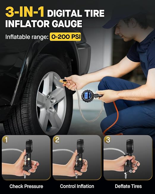 Digital Tire Inflator with Pressure Gauge 200 PSI - Large 2" Digital Dial, Heavy Duty Air Chuck and Compressor Accessories with Tire Tread Depth Gauge and Quick Connect Coupler Car Accessories