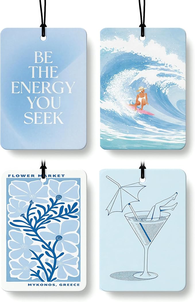 Blue Coastal Car Air Freshener 4 Pcs Coconut Scented, Ocean Surfer Martini Beach Car Accessories Mirror Decor for Women, Girly Beachy Hanging Air Freshener for Cars Closet Drawer Books