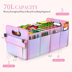 Trunk Organizer For Suv&Sedan,Car Organizers & Storage, Waterproof Collapsible & Adjustable Straps,70L Sturdy Car Organization for Car Accessories,Tools,Sundries,2-3Compartment(Colorful Pink)
