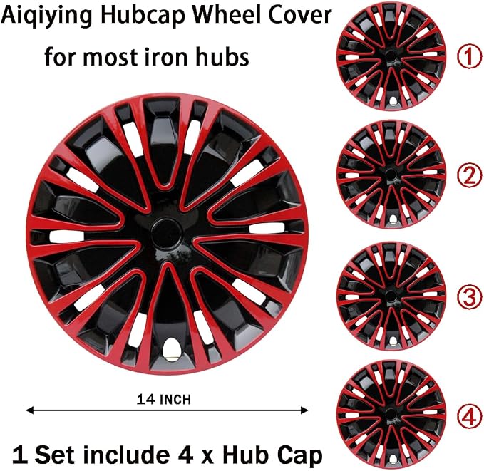 Hubcap Wheel Cover Replacement R14 Hub Caps Universal-Fit Steel Wheel Rim Cover ABS Material Exterior Accessories for Car Truck SUV -Set of 4（14-inch，Red-Black）