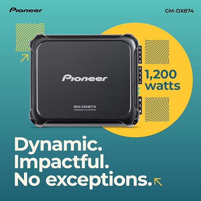 GM-DX874 1,200 Watts Class D Powerhouse Amplifier, 4-Channel Amp, Variable Low-Pass Filter, Compact Design, and Remote Bass Boost Control