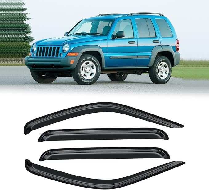 Window Visor for 2002-2007 Jeep Liberty (KJ), Out-Channel Rain Guards Shields Vent Deflector Shade Wind Dark Smoke 2003 2004 2005 2006 02 03 04 05 06 07, Outside-Mount, 4PCS