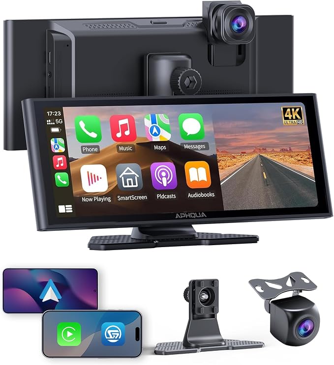 Carplay Screen for Car, 10.26" Wireless Car Play for Apple Carplay & Android Auto,4K Dash Cam,1080p Backup Camera DVR,Car Audio Receivers GPS Navigation Mirror Link, Bluetooth,FM, Siri