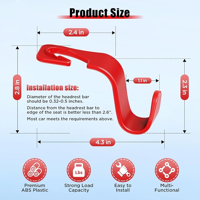 Car Seat Headrest Hook 4 Pack Hanger Storage Organizer Universal for Handbag Purse Coat Universal fit Vehicle Car Red with Clip