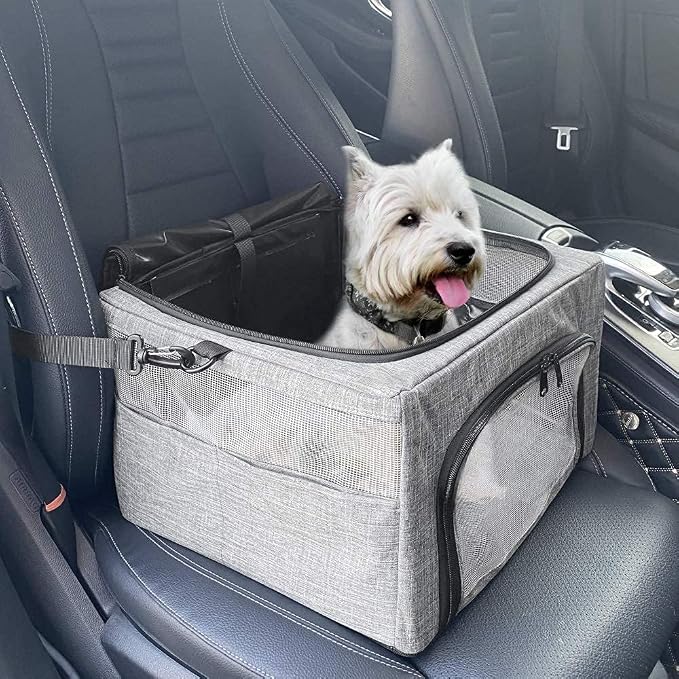 Dog Booster Car Seat, Reinforce Metal Frame Safe Pet Car Seat with Seatbelt & Waterproof Pee Pad & Top Cover | Portable Collapsible Puppy Carrier Bag | for Small Medium Dogs Cats up to 15lbs