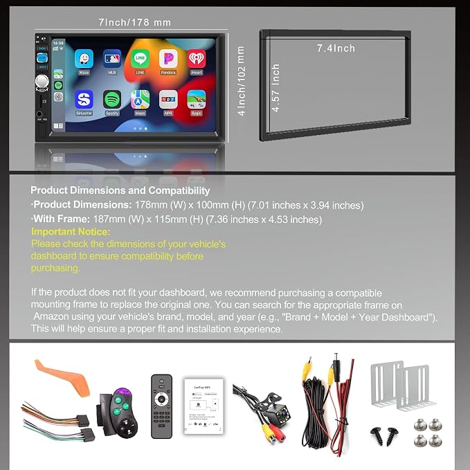 Double Din Car Stereo with 7" IPS Touchscreen, Wireless Apple Carplay & Android Auto, Bluetooth, 180W, Backup Camera, Subwoofer Output, Mirror Link, MIC, Car Radio Receiver