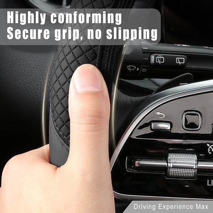 Leather Car Steering Wheel Cover, 15 Inch Anti-Slip Carbon Fiber Black Steering Wheel Cover, Universal Car Interior Accessories for Trucks Sedans SUVs (Black)
