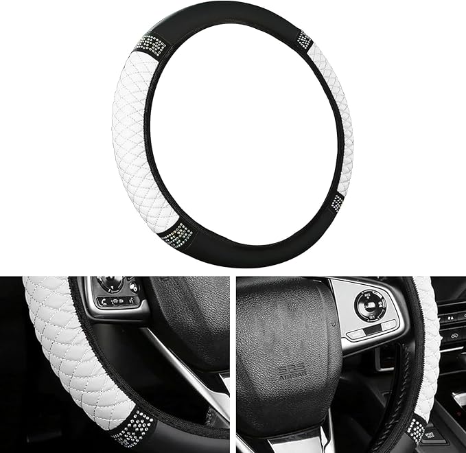 Bling Car Steering Wheel Cover, 15 Inch Rhinestones Soft Leather Elastic Steering Wheel Protector, Sparkly Crystal Diamond for Women, Car Interior Accessories for Most Cars (White)