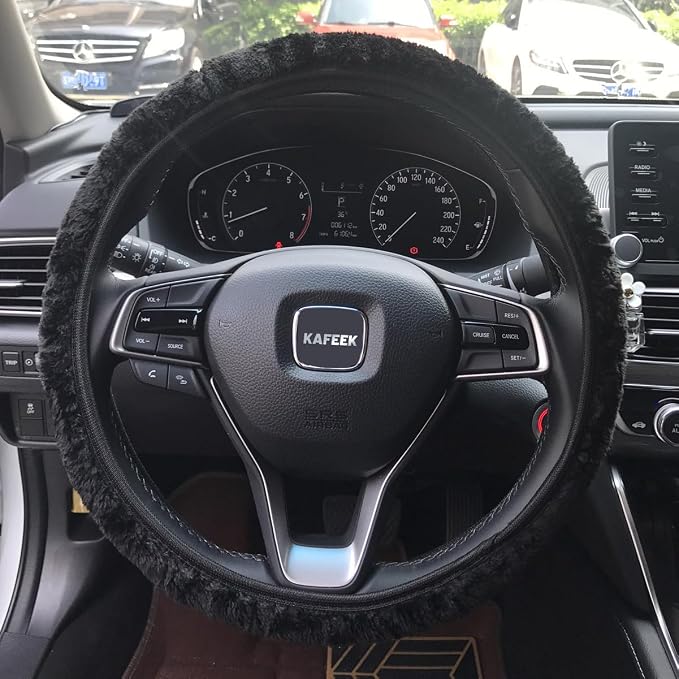 Elastic Long Microfiber Plush Steering Wheel Cover for Winter Warm, Universal 15 inch, Anti-Slip, Odorless, Black