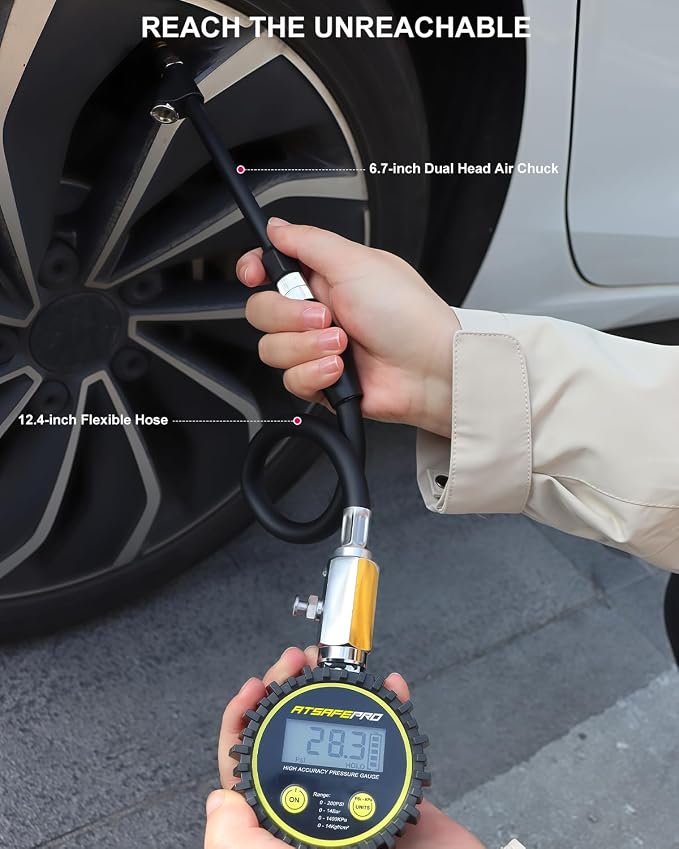 Digital Tire Pressure Gauge - Backlit Display, 200 PSI Accurate Tire Gauge - Hold Function, Long Hose, Dual Head Air Chuck, 4 Units, Bleed Valve, AAA Battery, for Car Truck RV