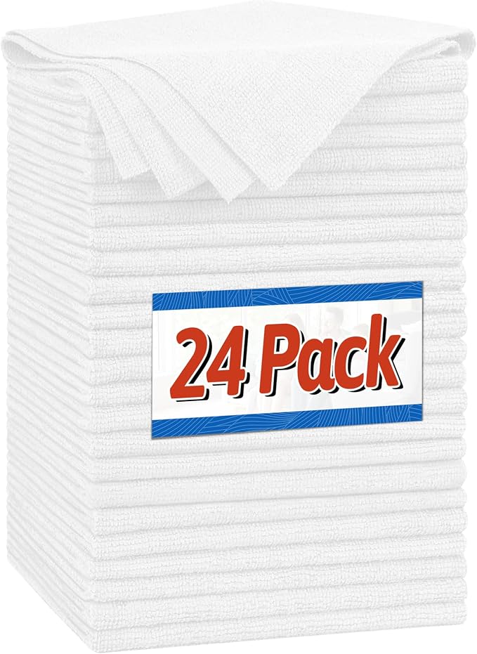Microfiber Cleaning Cloth, Shop Towels Bulk, 24 Pack White Microfiber Towels for Cars, All-Purpose Absorbent Cleaning Rags, Dust Cloth for Automotive, Mechanic, Garage, Bar, 12 x 11 inch