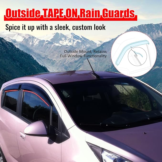 Window Visors Compatible with 2013-2015 Chevy Spark, Hatchback 4Dr Slim line Tape On- Smoke Tint Acrylic by, 2014 |, Hatchback 4Dr, Slim line, Tape On- Smoke, Improve Circulation, Impact Resistant, Waterproof, Tint, 2014
