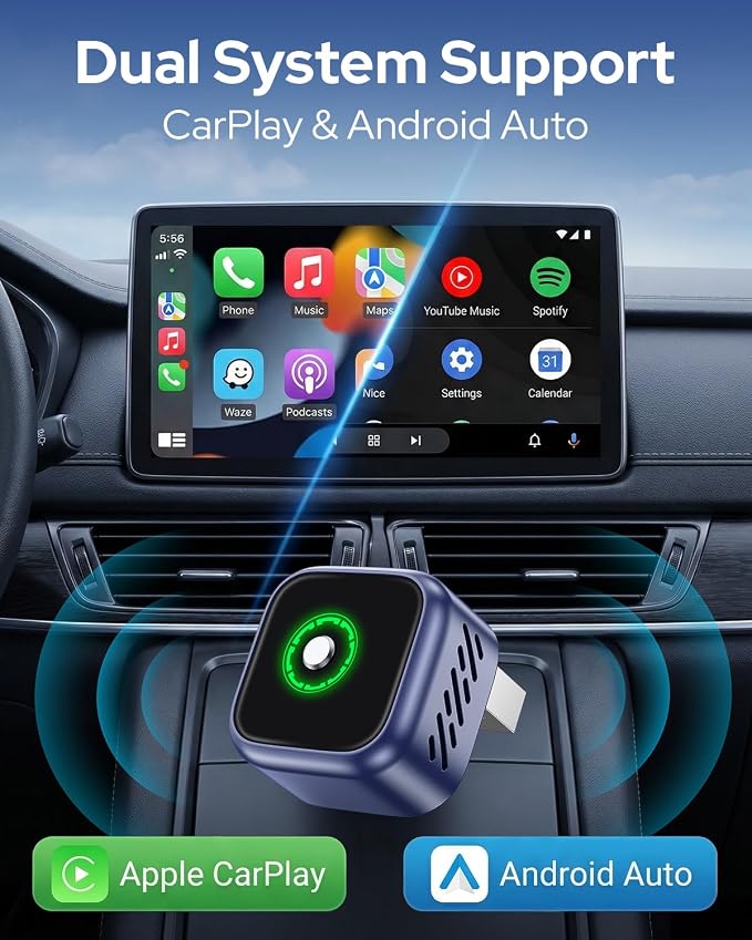 2-in-1 Wireless CarPlay & Android Auto Adapter, One-Click Switch for Apple iPhone and Android, Converts Wired to Wireless, Plug and Play for USB/USB-C, Compatible with 1000+ Vehicles